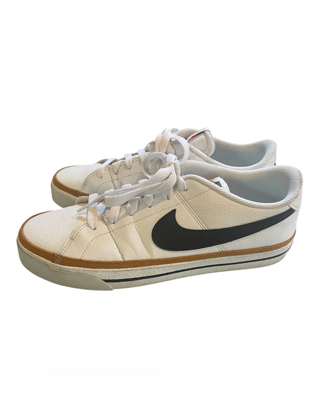 Nike White Low-Top Sneakers with Black Swoosh and Tan Trim